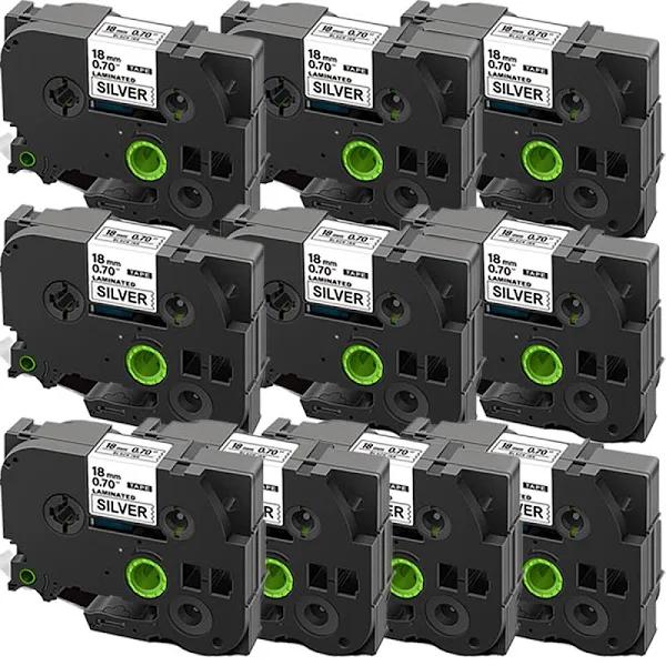 Compatible 10 x PT-P750W Tape Brother PTP750W 18mm Black Text On Silver Laminated Tape - 8 Meters
