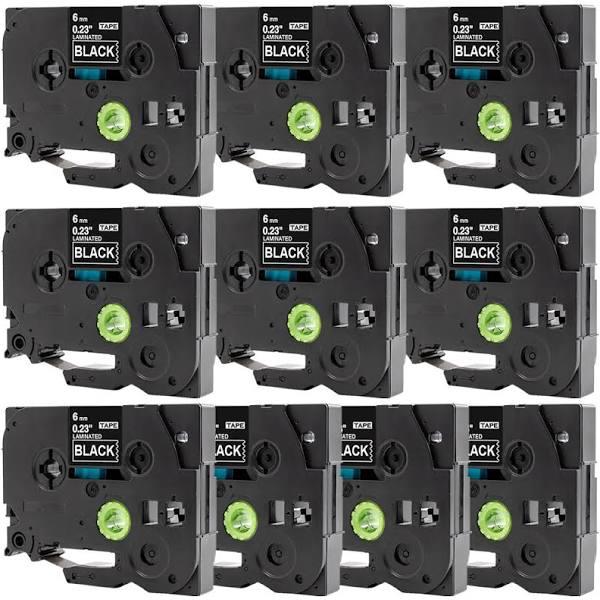 Compatible 10 x PT1180 Tape Brother PT-1180 6mm White Text On Black Laminated Tape - 8 Meters