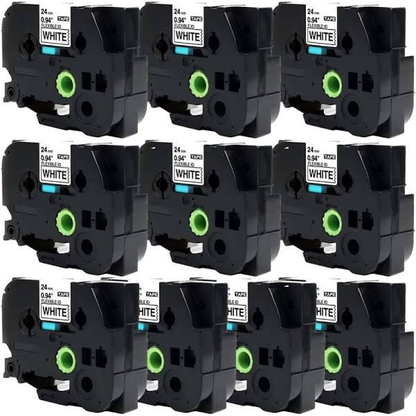 Compatible 10 x PT9200DX Tape Brother PT-9200DX 24mm Black Text On White Flexible ID Laminated Tape