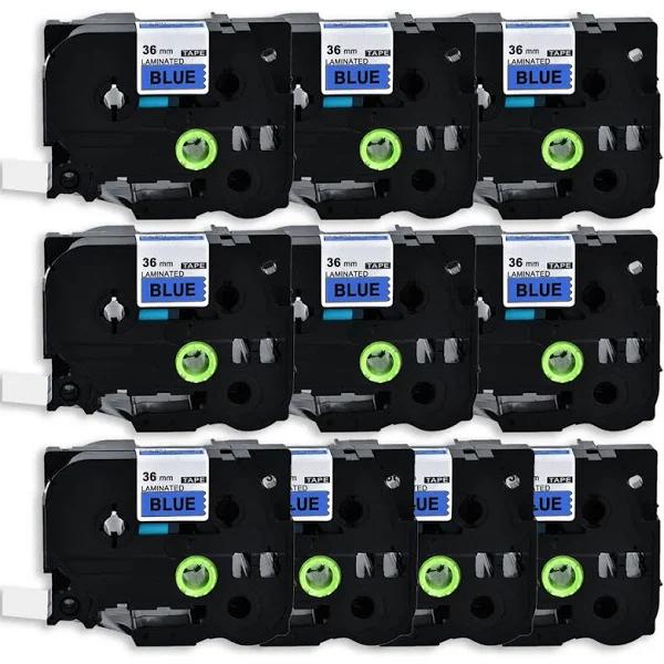 Compatible 10 x PT9800PCN Tape Brother PT-9800PCN 36mm Black Text On Blue Laminated Tape