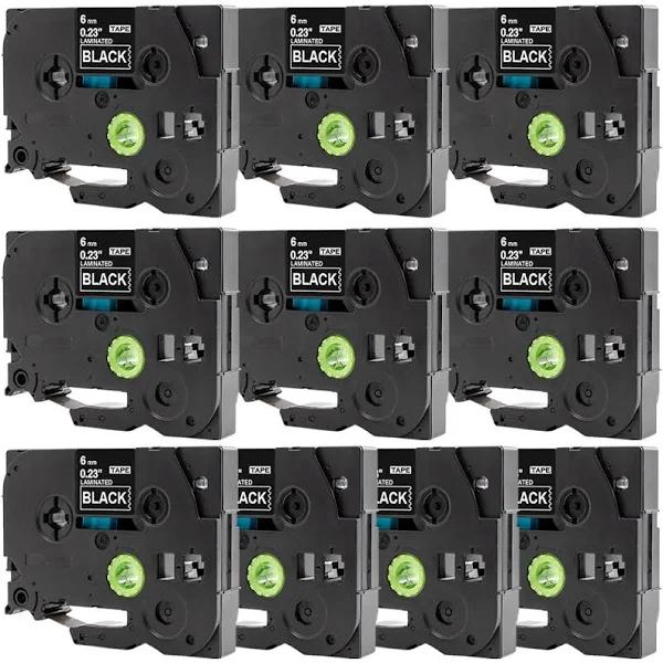 Compatible 10 x PTD200 Tape Brother PT-D200 6mm White Text On Black Laminated Tape - 8 Meters