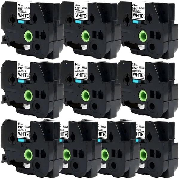 Compatible 10 x PTD610BT Tape Brother PT-D610BT 24mm Black Text On White Flexible ID Laminated Tape - 8 Metres