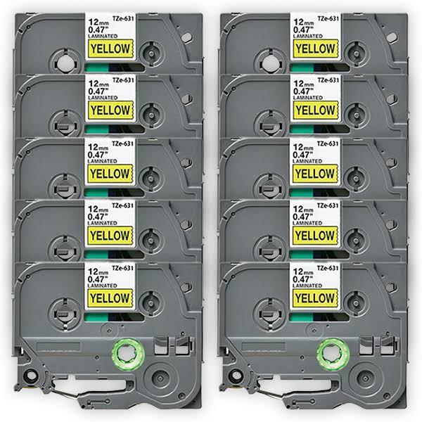 Compatible 10 x PTD610BT Tape Brother PT-D610BT P-Touch 12mm Black Text On Yellow Laminated Tape - 8 Meters