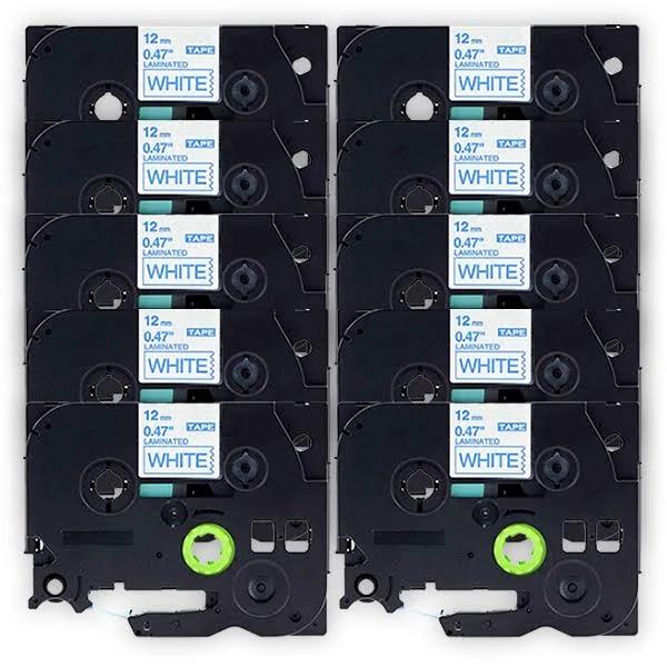Compatible 10 x PTD610BT Tape Brother PT-D610BT P-Touch 12mm Blue Text On White Laminated Tape - 8 Meters