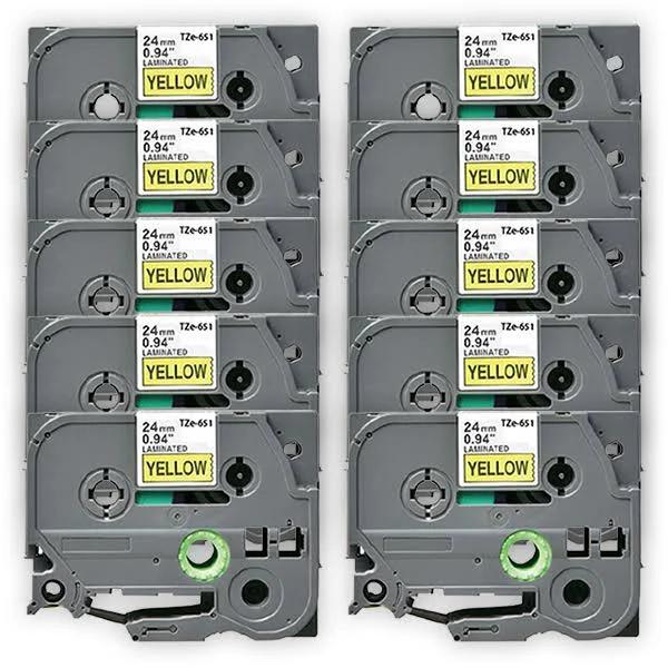 Compatible 10 x PTD610BT Tape Brother PT-D610BT P-Touch 24mm Black Text On Yellow Laminated Tape - 8 Meters