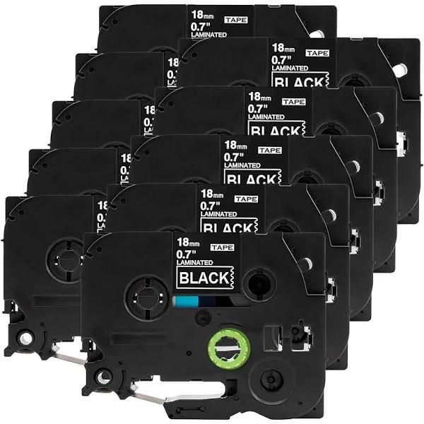 Compatible 10 x PTD800W Tape Brother PT-D800W 18mm White Text On Black Laminated Tape - 8 Meters