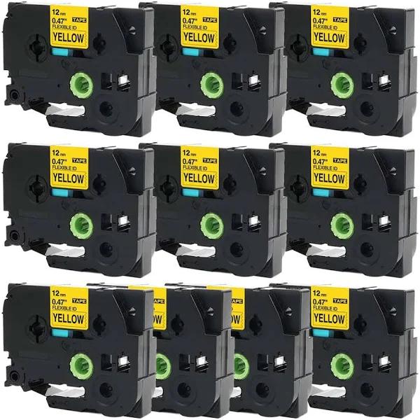 Compatible 10 x PTP700 Tape Brother PT-P700 12mm Black Text On Yellow Flexible ID Laminated Tape