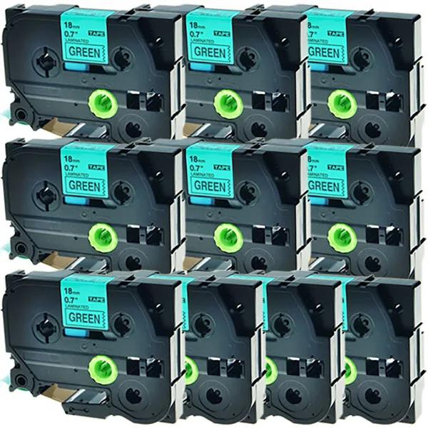 Compatible 10 x PTP910BT Tape Brother PT-P910BT 18mm Black Text On Green Laminated Tape - 8 Meters