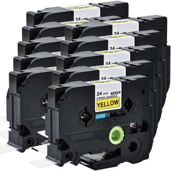 Compatible 10 x PTP910BT Tape Brother PT-P910BT 24mm Black Text On Yellow Strong Adhesive Laminated Tape - 8 Metres