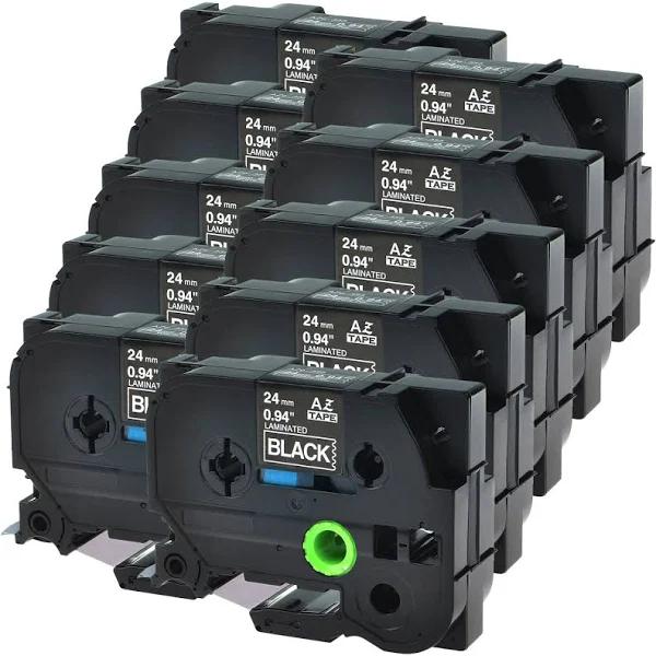 Compatible 10 x TZe355 Brother TZe-355 24mm White Text On Black Laminated Tape - 8 Metres