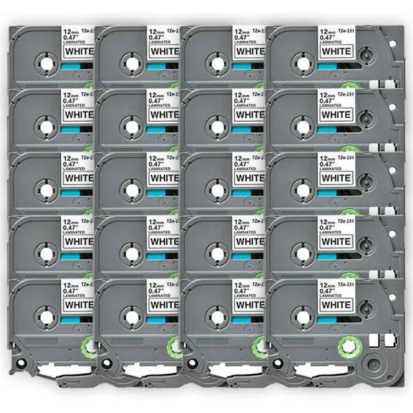 Compatible 20 x PTD610BT Tape Brother PT-D610BT 12mm Black Text On White Laminated Tape - 8 Meters