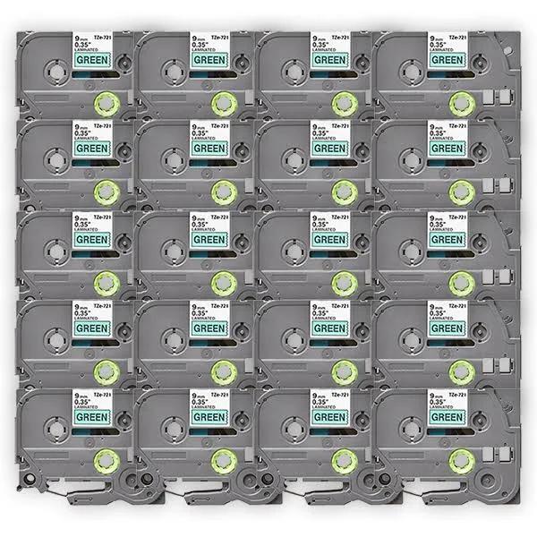 Compatible 20 x PTD610BT Tape Brother PT-D610BT 9mm Black Text On Green Laminated Tape - 8 Meters