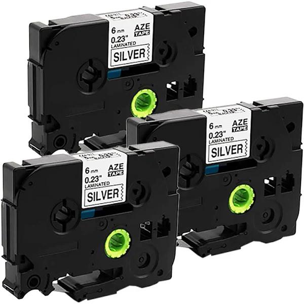 Compatible 3 x PT-9500PC Tape Brother PT9500PC 6mm Black Text On Silver Laminated Tape - 8 Meters