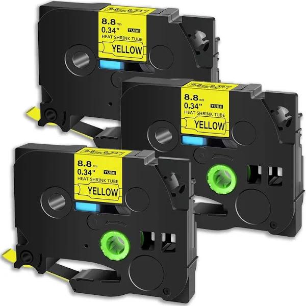 Compatible 3 x PT-D450 Tape Brother PTD450 8.8mm Black Text On Yellow Heat Shrink Tube Tape