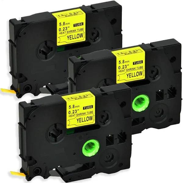 Compatible 3 x PT-D600 Tape Brother PTD600 5.8mm Black Text On Yellow Heat Shrink Tube Tape