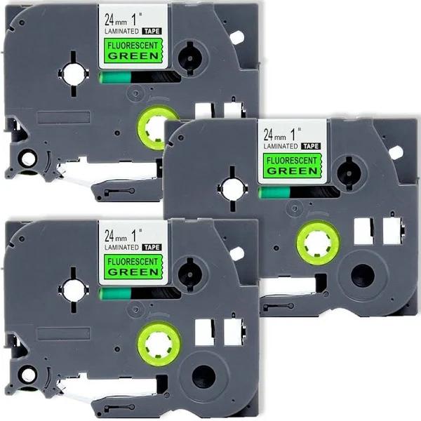 Compatible 3 x PT2300 Tape Brother PT-2300 24mm Black Text On Green Fluorescent Laminated Tape