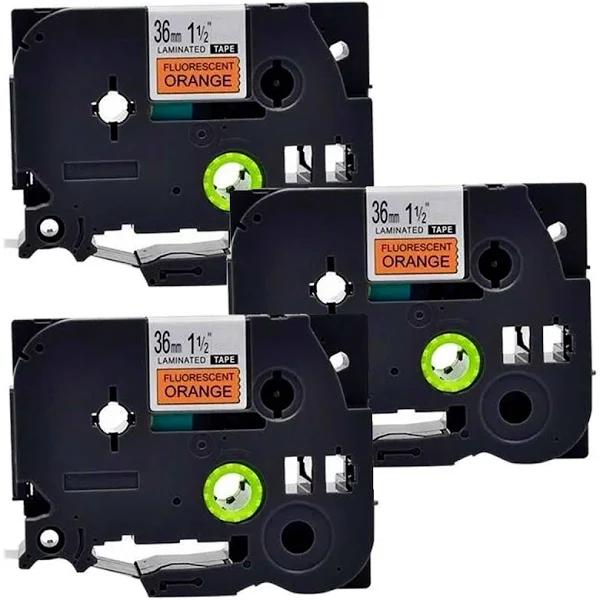Compatible 3 x PT9200DX Tape Brother PT-9200DX 36mm Black Text On Orange Fluorescent Laminated Tape