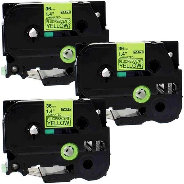 Compatible 3 x PT9200PC Tape Brother PT-9200PC 36mm Black Text On Yellow Fluorescent Laminated Tape