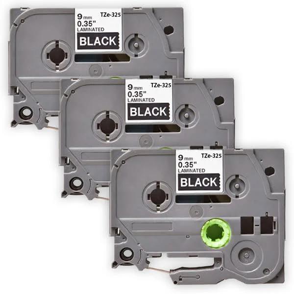 Compatible 3 x PTD610BT Brother PT-D610BT 9mm White Text On Black Laminated Tape - 8 Meters