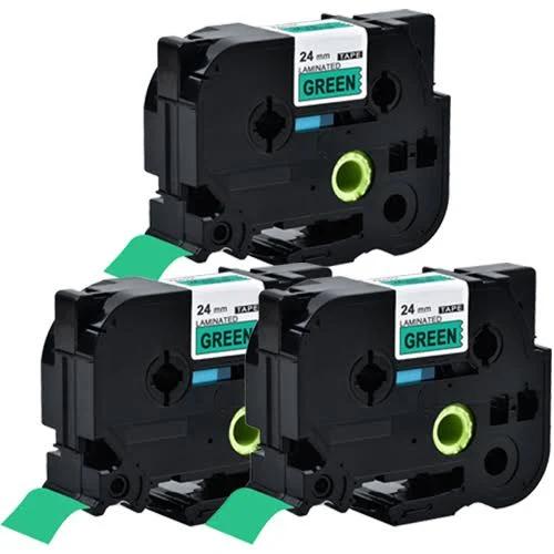 Compatible 3 x PTD610BT Tape Brother PT-D610BT 24mm Black Text On Green Laminated Tape - 8 Meters