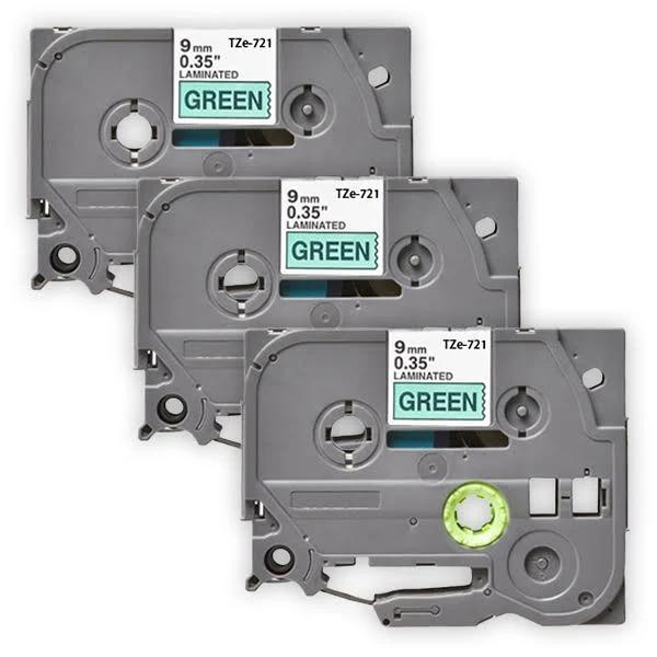 Compatible 3 x PTD610BT Tape Brother PT-D610BT 9mm Black Text On Green Laminated Tape - 8 Meters