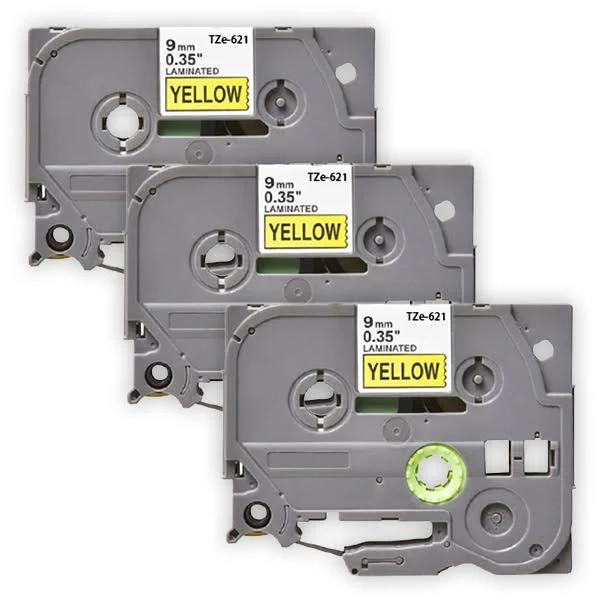 Compatible 3 x PTD610BT Tape Brother PT-D610BT 9mm Black Text On Yellow Laminated Tape - 8 Meters