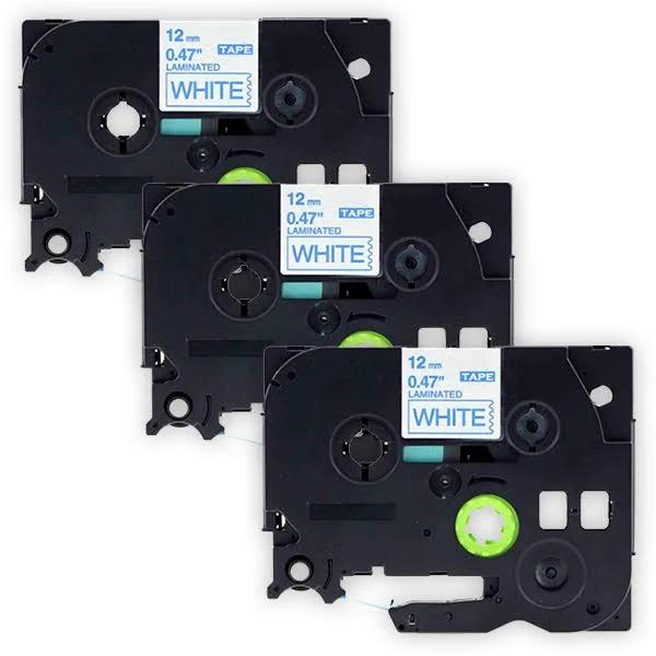 Compatible 3 x PTD610BT Tape Brother PT-D610BT P-Touch 12mm Blue Text On White Laminated Tape - 8 Meters