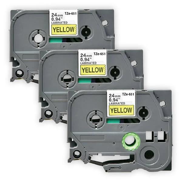 Compatible 3 x PTD610BT Tape Brother PT-D610BT P-Touch 24mm Black Text On Yellow Laminated Tape - 8 Meters