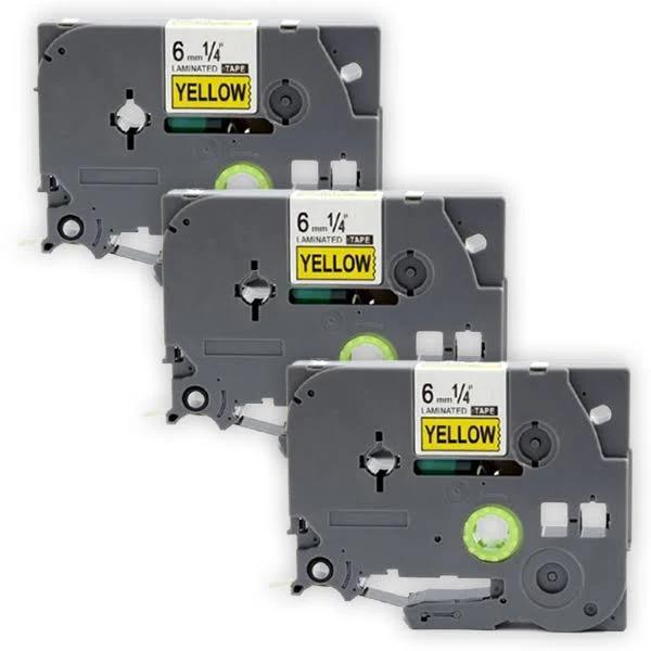 Compatible 3 x PTP910BT Tape Brother PT-P910BT 6mm Black Text On Yellow Laminated Tape - 8 Meter