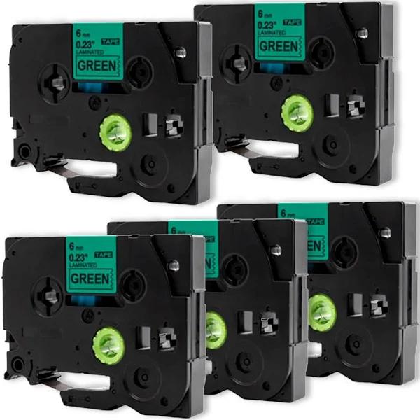 Compatible 5 x PT-1400 Tape Brother PT1400 6mm Black Text On Green Laminated Tape - 8 Meters