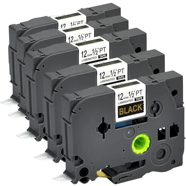 Compatible 5 x PT-1750 Tape Brother PT1750 12mm Gold Text On Black Laminated Tape - 8 Meters