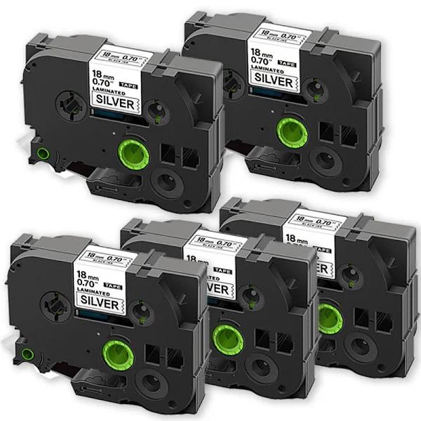 Compatible 5 x PT-9200PC Tape Brother PT9200PC 18mm Black Text On Silver Laminated Tape - 8 Meters