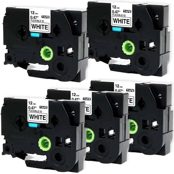 Compatible 5 x PT2300 Tape Brother PT-2300 12mm Black Text On White Flexible ID Laminated Tape
