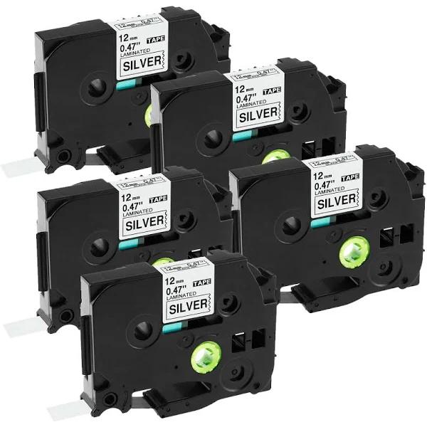 Compatible 5 x PT9200DX Tape Brother PT-9200DX 12mm Black Text On Silver Laminated Tape