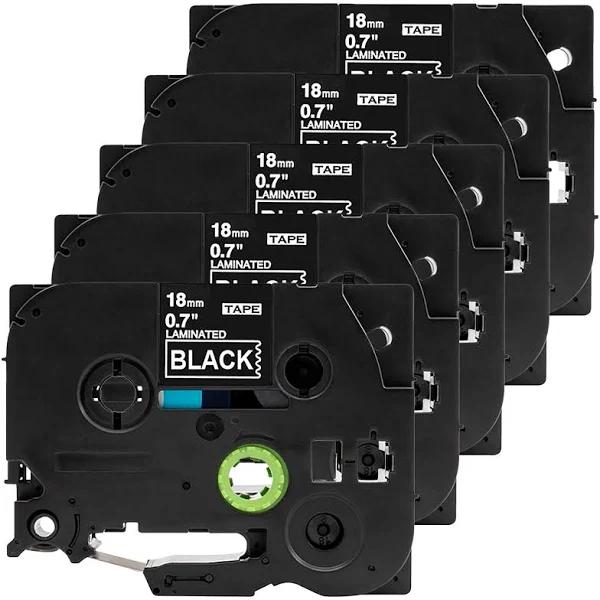Compatible 5 x PT9600 Tape Brother PT-9600 18mm White Text On Black Laminated Tape - 8 Meters