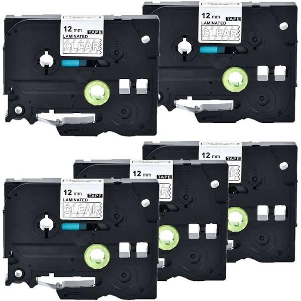 Compatible 5 x PTD450 Tape Brother PT-D450 12mm White Text On Clear Laminated Tape - 8 Meters