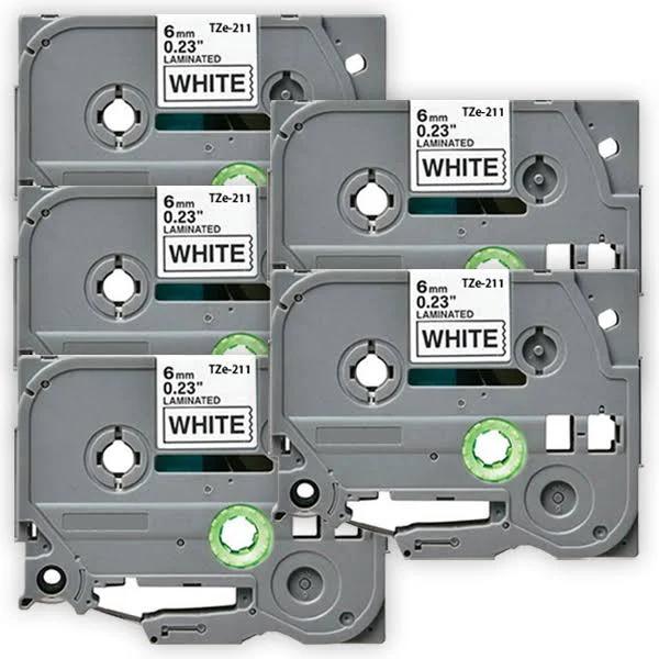 Compatible 5 x PTD610BT Brother PT-D610BT 6mm Black Text On White Laminated Tape - 8 Meters