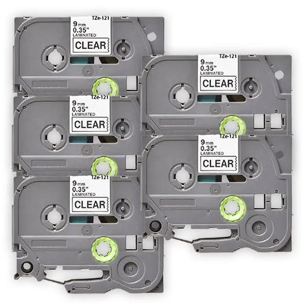 Compatible 5 x PTD610BT Brother PT-D610BT 9mm Black Text On Clear Laminated Tape - 8 Meters