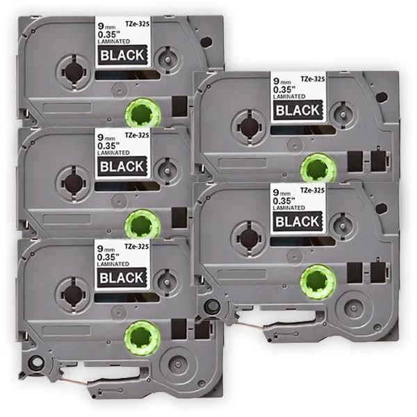 Compatible 5 x PTD610BT Brother PT-D610BT 9mm White Text On Black Laminated Tape - 8 Meters