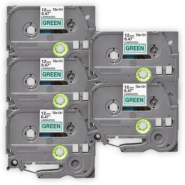Compatible 5 x PTD610BT Tape Brother PT-D610BT 12mm Black Text On Green Laminated Tape - 8 Meters