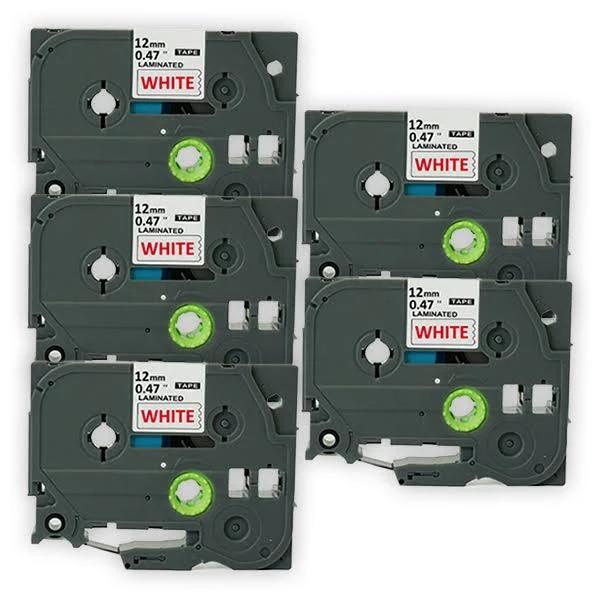 Compatible 5 x PTD610BT Tape Brother PT-D610BT 12mm Red Text On White Laminated Tape - 8 Meters