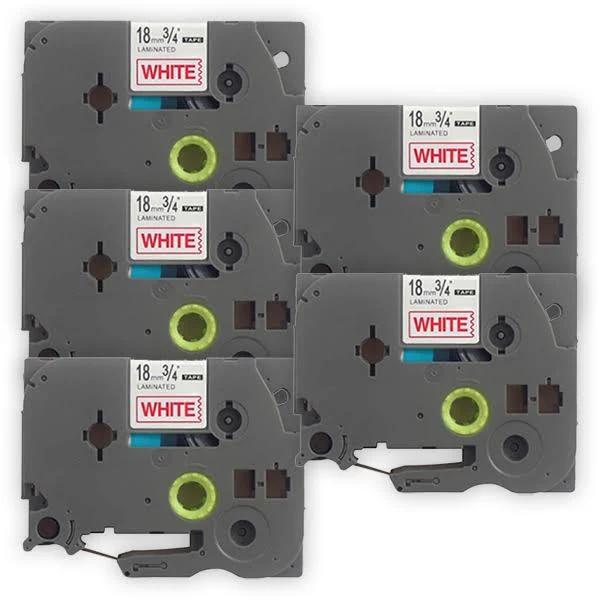 Compatible 5 x PTD610BT Tape Brother PT-D610BT 18mm Red Text On White Laminated Tape - 8 Meters