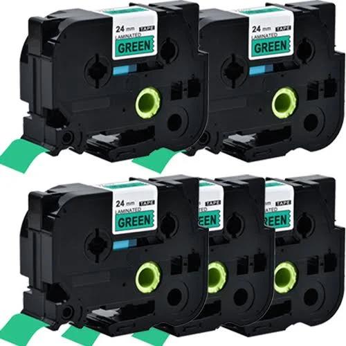 Compatible 5 x PTD610BT Tape Brother PT-D610BT 24mm Black Text On Green Laminated Tape - 8 Meters