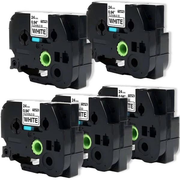 Compatible 5 x PTD610BT Tape Brother PT-D610BT 24mm Black Text On White Flexible ID Laminated Tape - 8 Metres