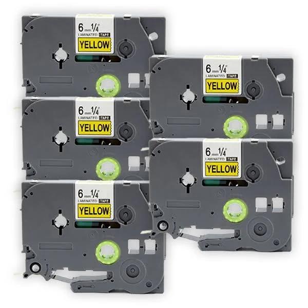 Compatible 5 x PTD610BT Tape Brother PT-D610BT 6mm Black Text On Yellow Laminated Tape - 8 Meter