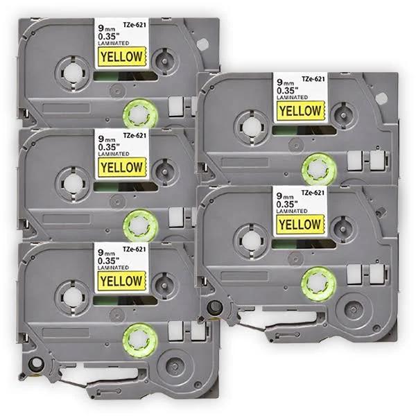Compatible 5 x PTD610BT Tape Brother PT-D610BT 9mm Black Text On Yellow Laminated Tape - 8 Meters