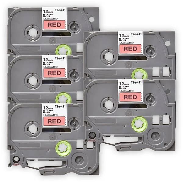 Compatible 5 x PTD610BT Tape Brother PT-D610BT P-Touch 12mm Black Text On Red Laminated Tape - 8 Meters