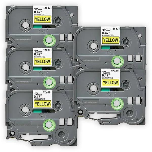 Compatible 5 x PTD610BT Tape Brother PT-D610BT P-Touch 12mm Black Text On Yellow Laminated Tape - 8 Meters