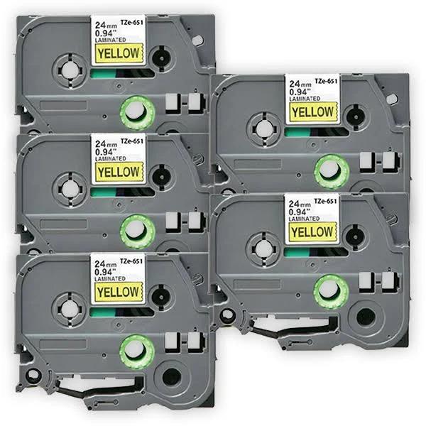 Compatible 5 x PTD610BT Tape Brother PT-D610BT P-Touch 24mm Black Text On Yellow Laminated Tape - 8 Meters