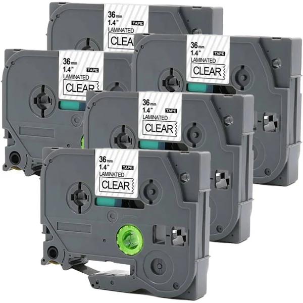 Compatible 5 x PTD800W Tape Brother PT-D800W 36mm Black Text On Clear Laminated Tape - 8 Meters